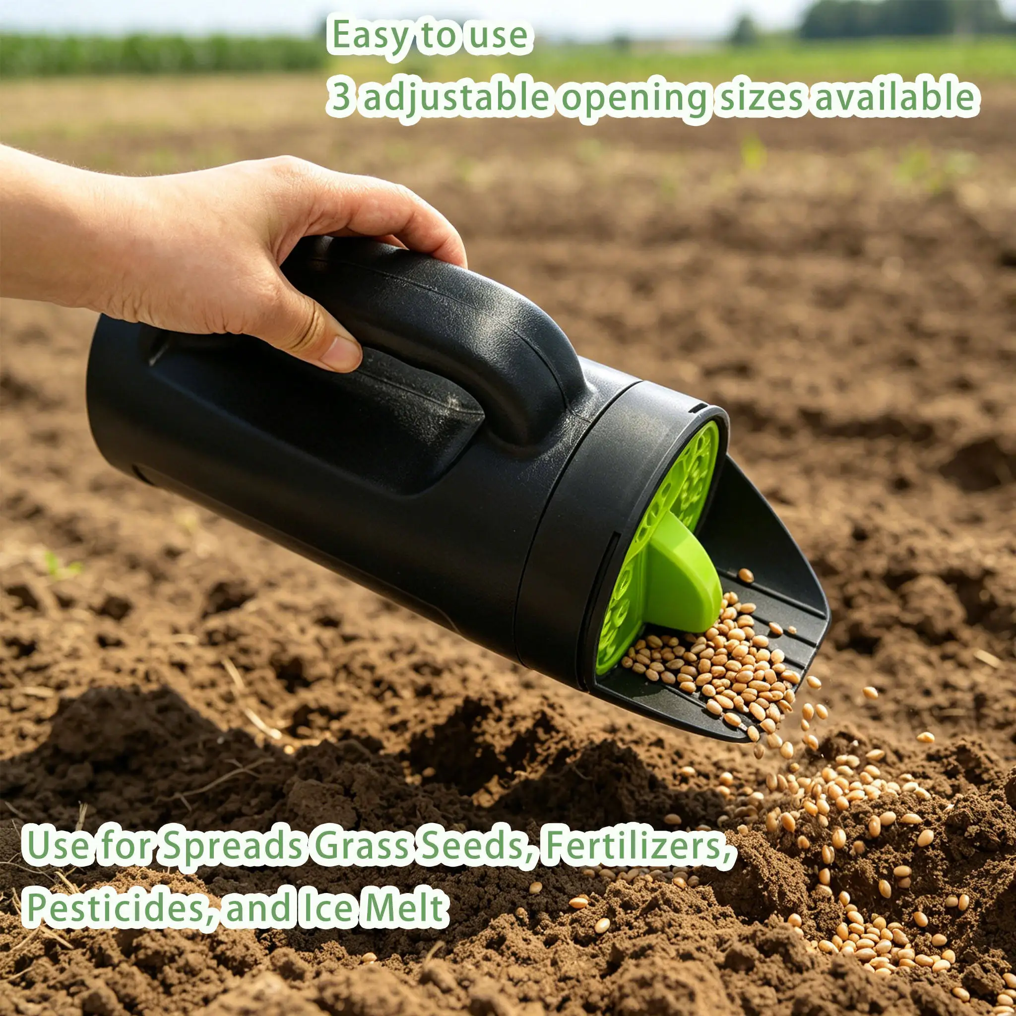 Handheld Lawn Spreader for Grass Seed, Fertilizer & Soil Enhancers, Manual Adjustable Spreader for Garden & Lawn Care