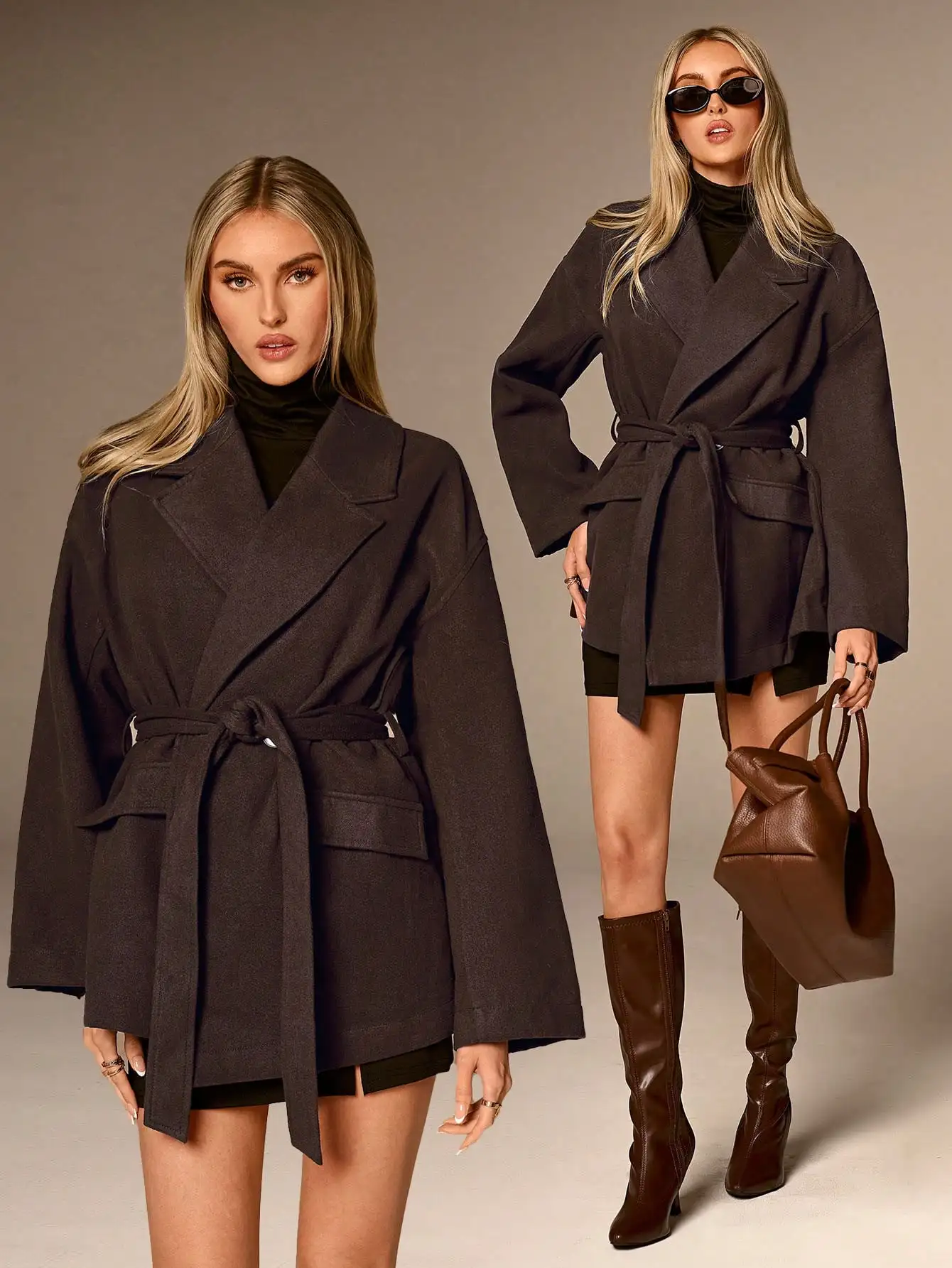 

Women's Belted Wrap Blazer Jacket, Dark Brown, Casual Chic for Fall Winter Outfits