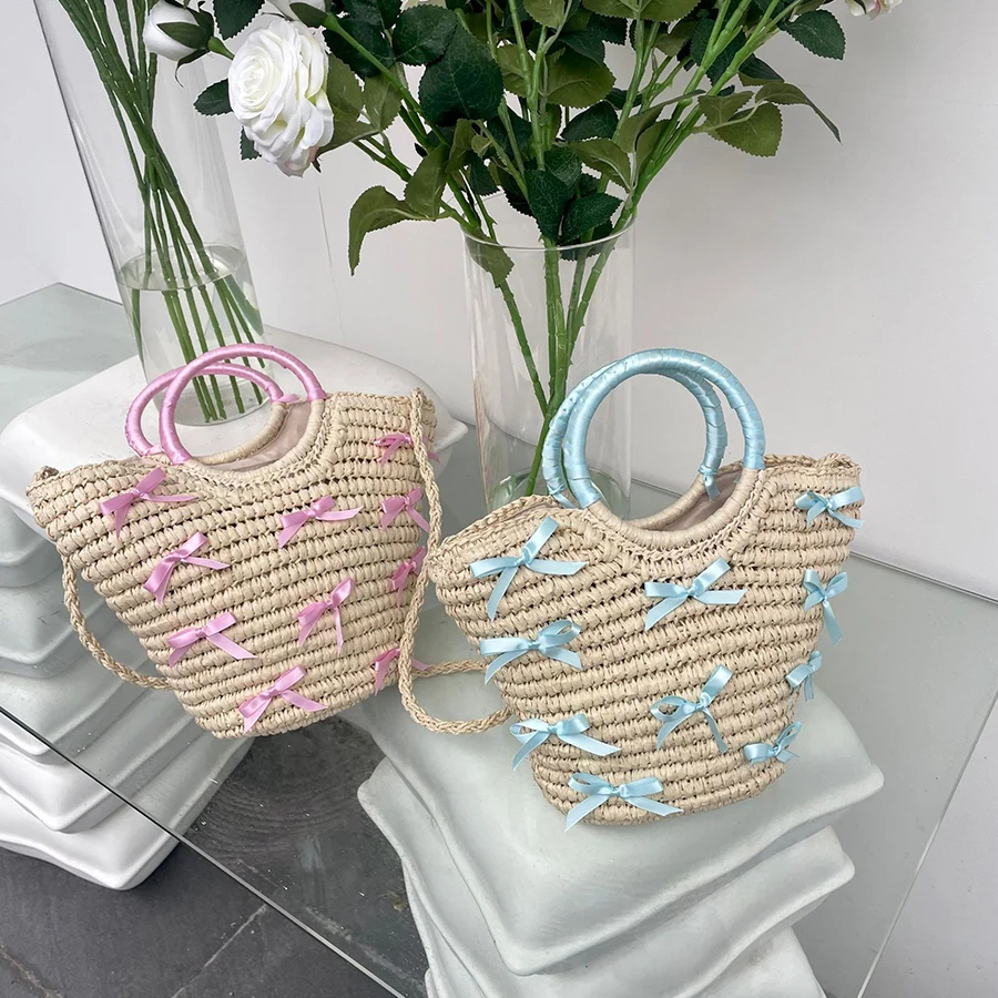 

Летние богемные пляжные соломенные сумки, женские сумки и кошелек, новые Ins тканые сумки с бантом и верхней ручкой, маленькие сумки на плечо, клатч Bolso Mujer