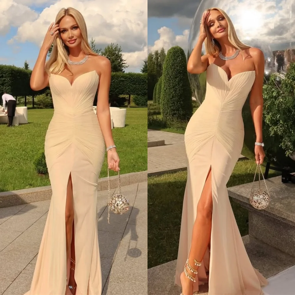 

Customized Light Yellow Jersey Evening Dress Exquisite Strapless Mermaid Prom Dress Chapel Train Bespoke Occasion Gowns