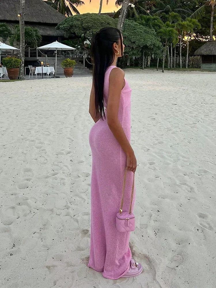 Robe longue à col rond pour femmes, vêtements de plage sexy, couvrant les maillots de bain, ruche, fibre transparente, robe de soirée élégante, A2857, 2024