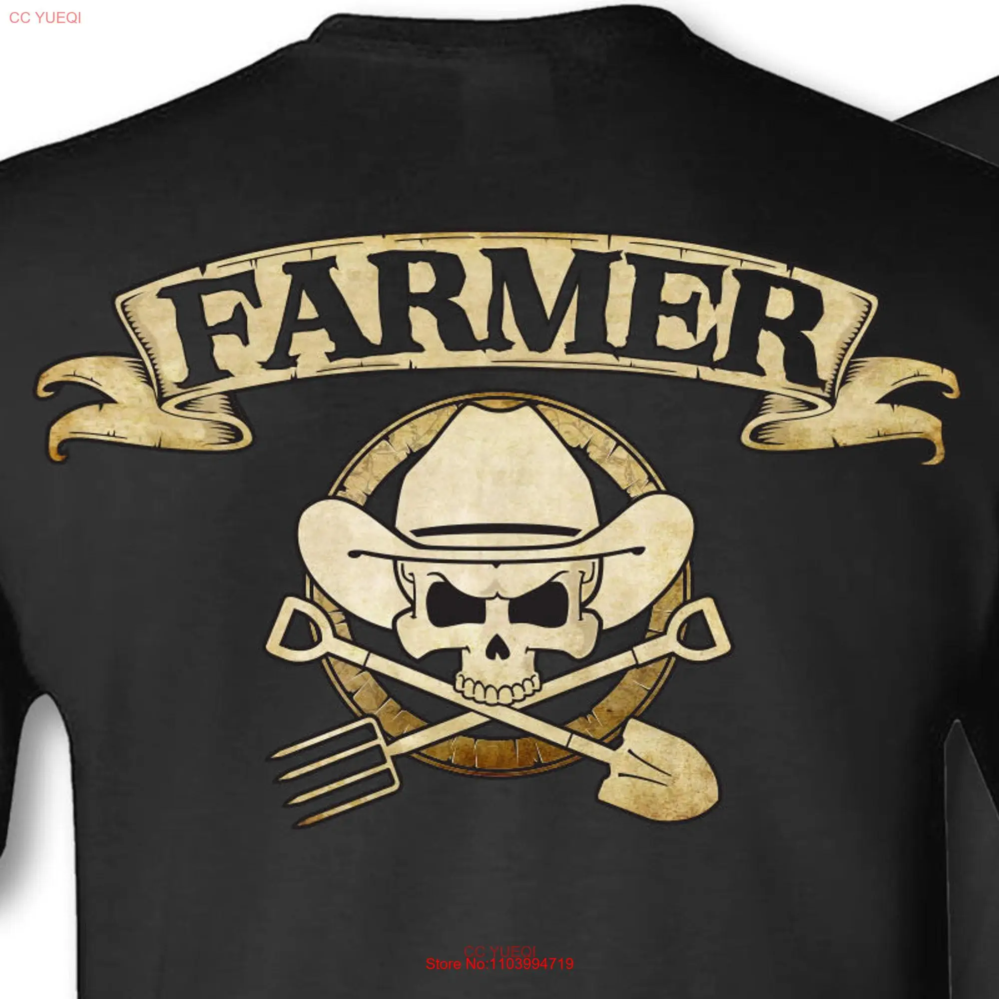 Farmer skull and crossbones badge t shirt Farming agriculturist pitchfork shovel cowboy hat short sleeve tee