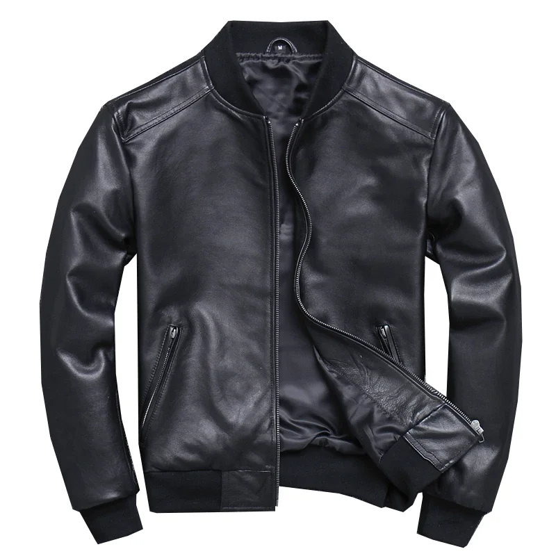 Black Aviation Genuine Leather Bomber Jacket Men Pilot Sheepskin Real Leather Jacket coat short  Slim business jacket leather