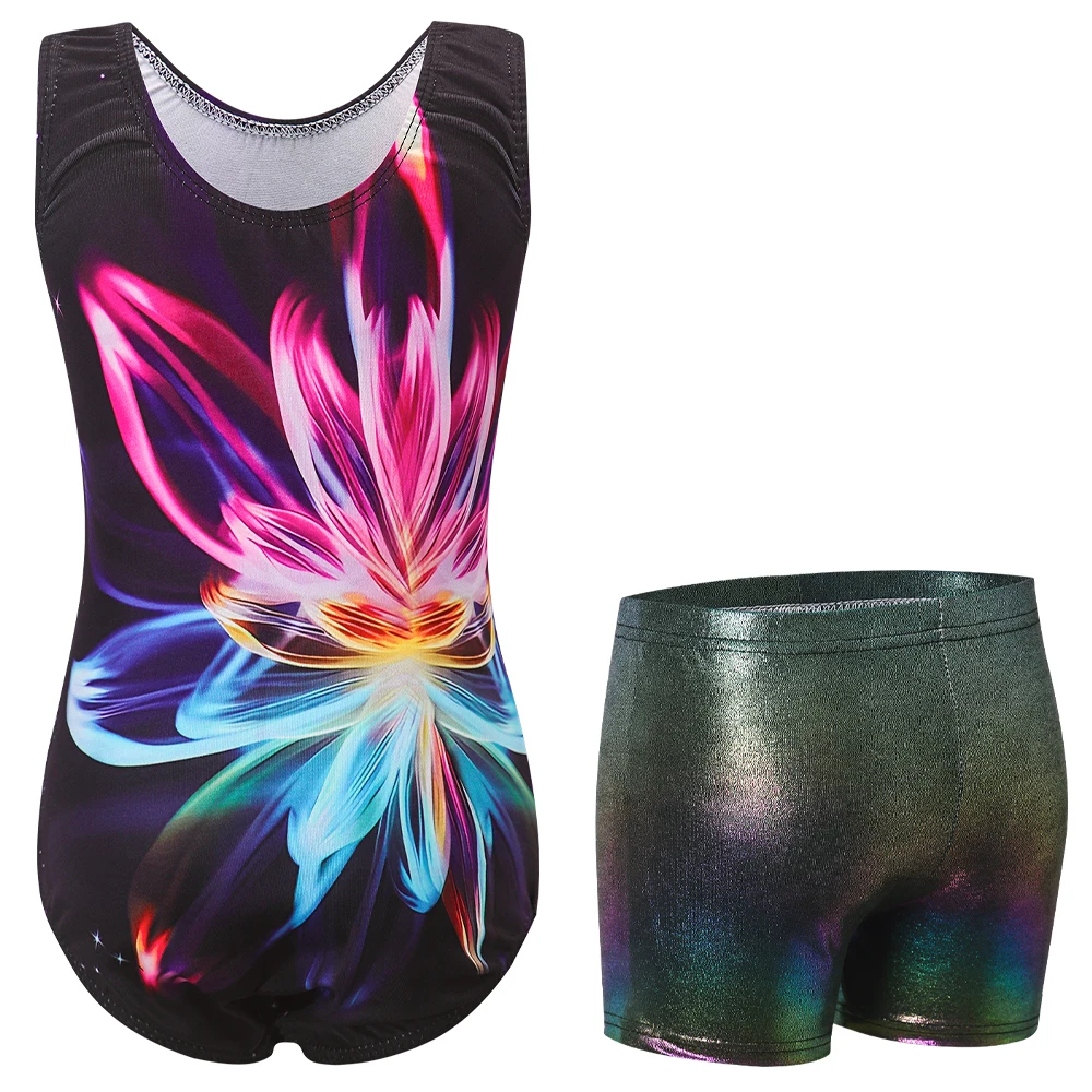 Trykoty gimnastyczne dla dziewczynek, błyszczące body baletowe, trykoty z krótkimi spodenkami, odzież sportowa, body do akrobatyki.