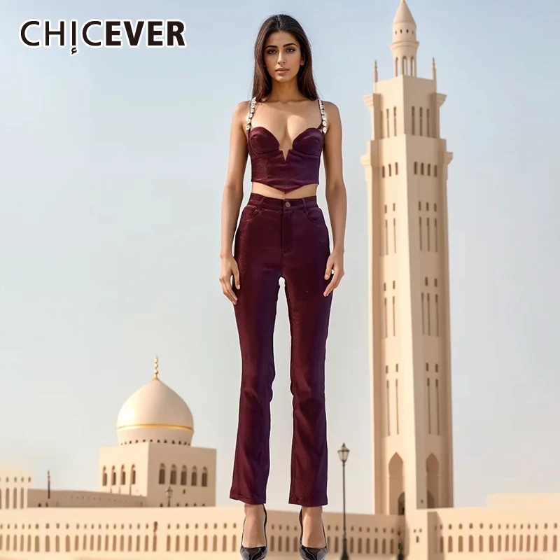 

CHICEVER Sexy Two Piece Set For Women Square Collar Camisole Patchwork Diamonds Tank Tops High Waist Hollow Out Pant Sets Female