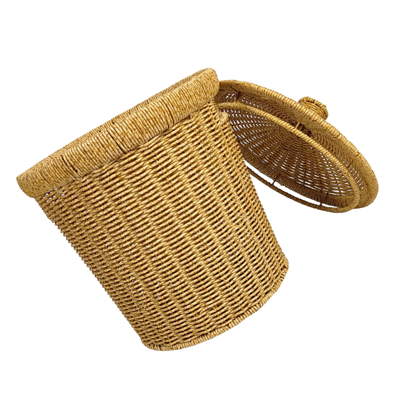 

Round Imitation Rattan Trash Can with Lid Handwoven Woven Design Smooth Surface Retro Colors Odor Containing Bathroom Bedroom