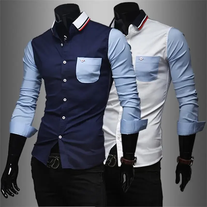 

2023 Spring and Autumn Men's Wear Korean Version Long Sleeve Slim Fit Shirt Knitted Collar Men's Shirt