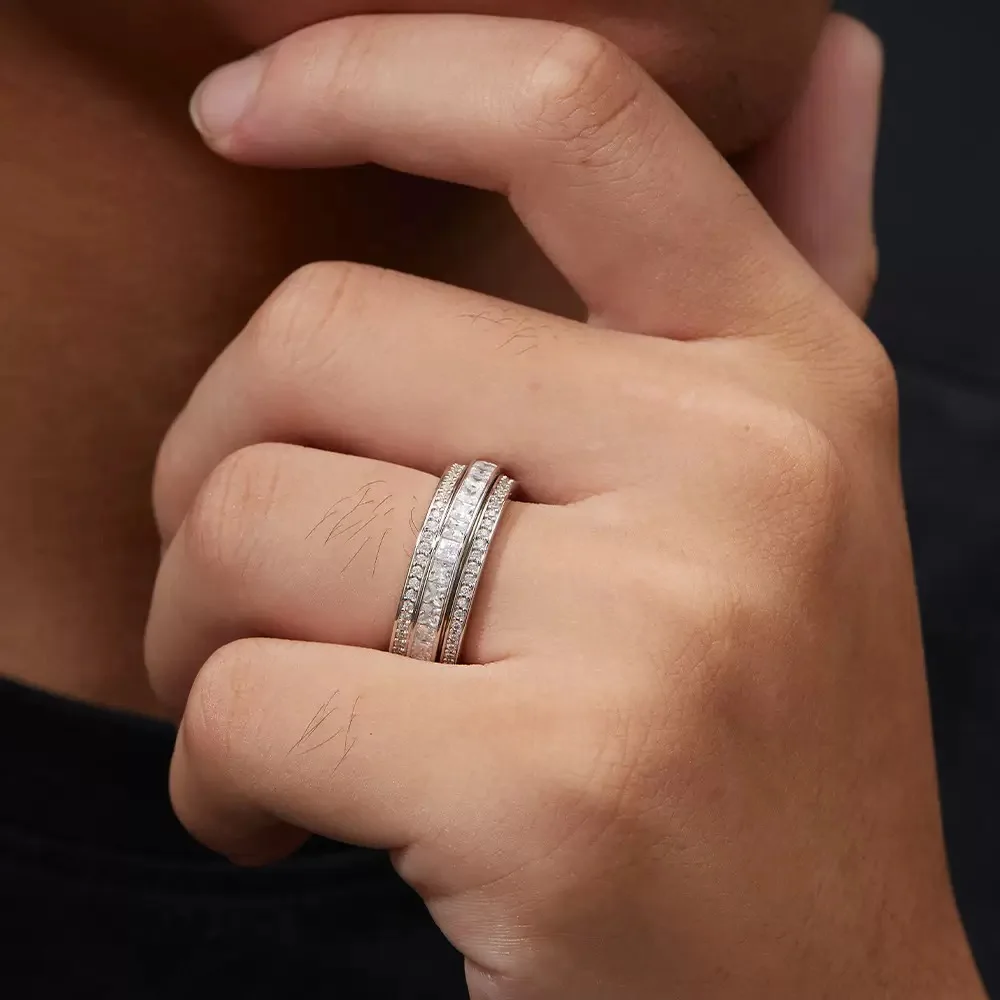 925 Silver Princess Moissanite Eternity Ring 3 Rows Hiphop Rock Jewelry Mosan Diamond Wedding Band Pass Tester with Gra Gift