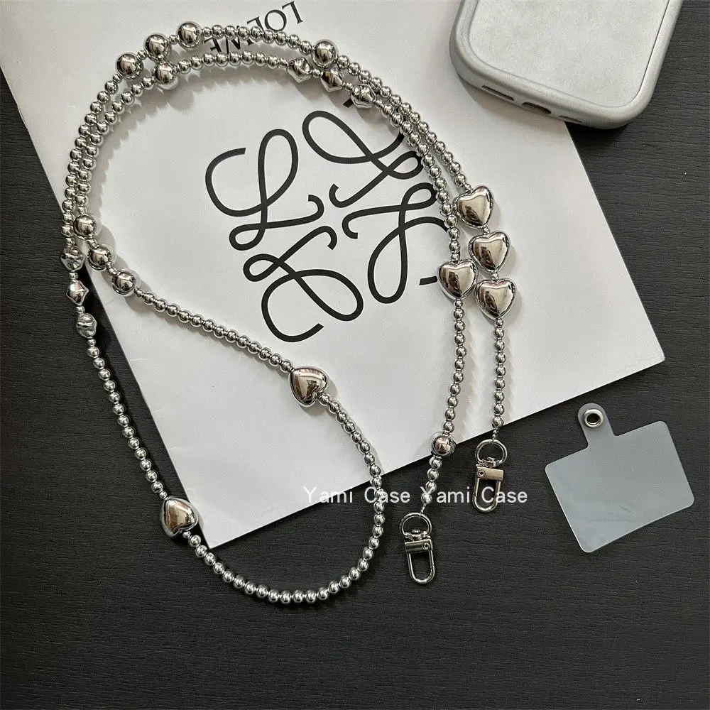 

Women Aesthetic Long Phone Lanyard Crossbody Chain Mixed Silver Beads Heart Charm Minimalist Luxury Necklace Strap for Girls