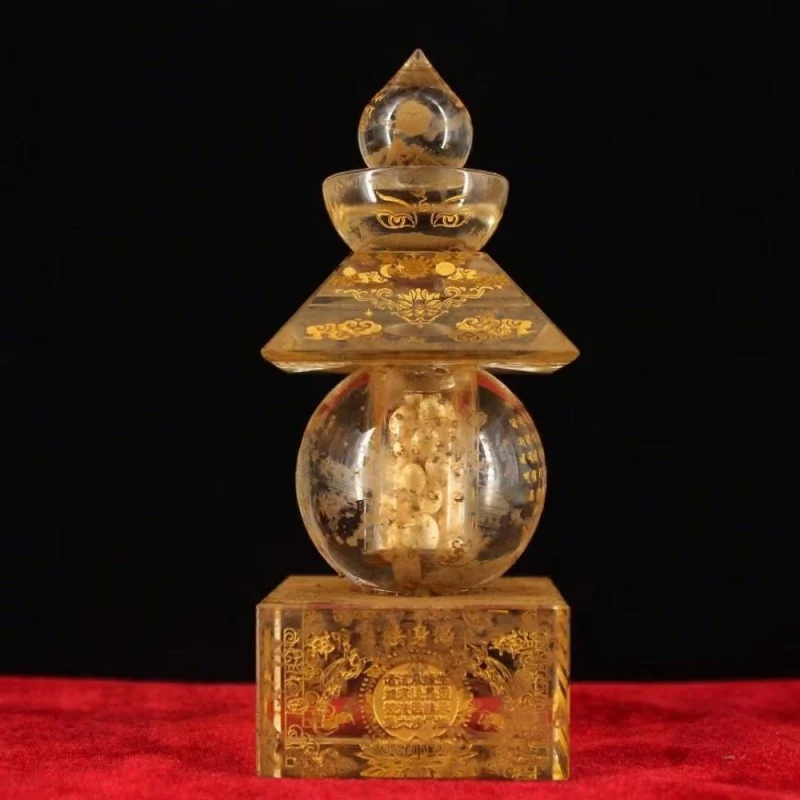 Chinese Perfect Buddhist crystal hand-engraved scripture stupa statue