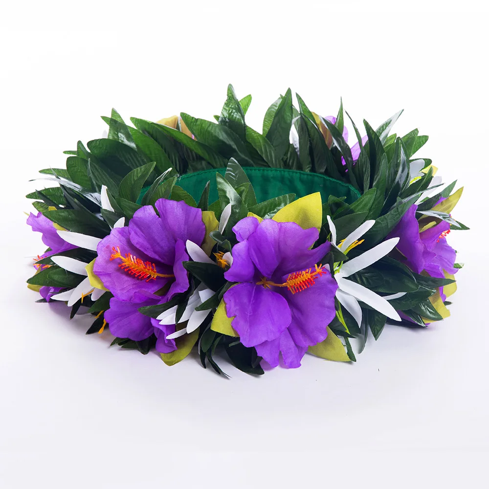 2023 Spring Summer New Style Headband Artificial Silk Hibiscus with Leaves Headband Haku Hawaii Hula Girl Dancer Headwear