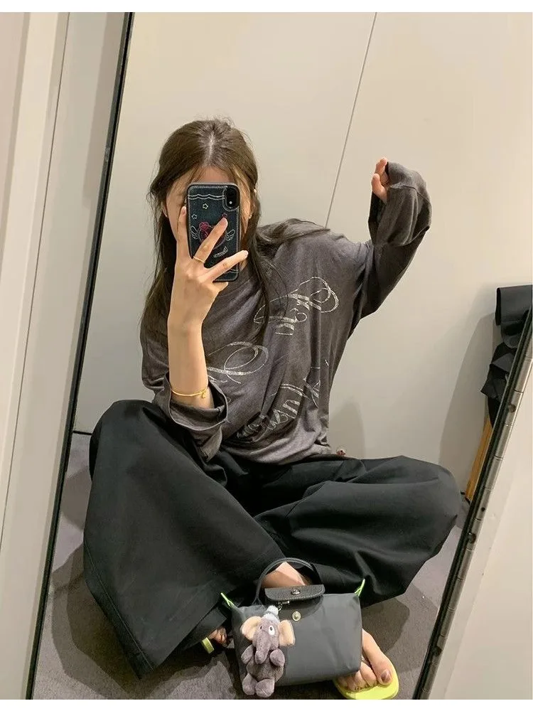 HOUZHOU Oversized Gray T-shirts Women Korean Style Long Sleeve Tees Letter Rhinestone Thin Tops Casual Vintage Harajuku Fashion