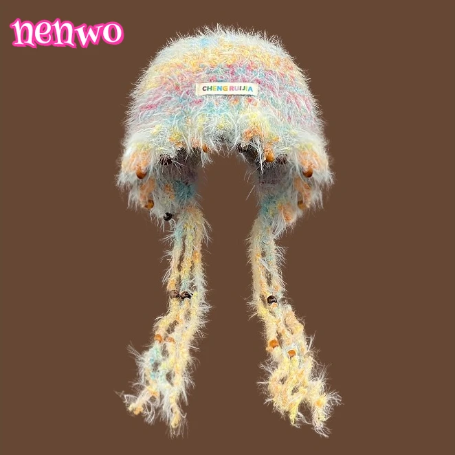 

Винтажная ручная работа с градиентом, разноцветная плюшевая шапка из пряжи, женская осенне-зимняя теплая модная плетеная шапка-ушанка с кисточками для защиты ушей