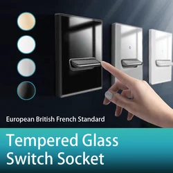 European British French Standard Tempered Glass Switch Socket with Indicator Light , Self-Reset 1 2 3 4 Gang EU Wall Panel Outle
