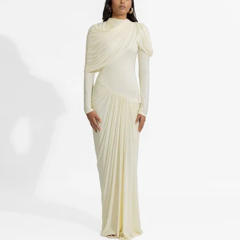 Saudi Dresses for Special Occasions Sheath/Column Spandex Party Dress Ivory O-Neck Pleat Zipper on the Back Prom Gown Long 2025