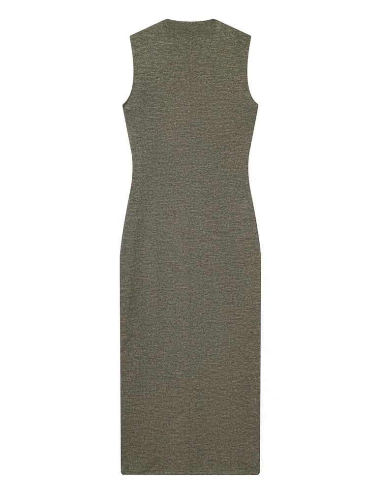 เดรสผู้หญิงทรงเวสต์แบบต่อผ้า ชุดเดรสยาวสำหรับฤดูใบไม้ผลิและฤดูร้อน ปี 2026 ติดกระดุม แขนกุด คอวี ความยาวปานกลาง สไตล์ลำลองสำหรับใส่เที่ยว