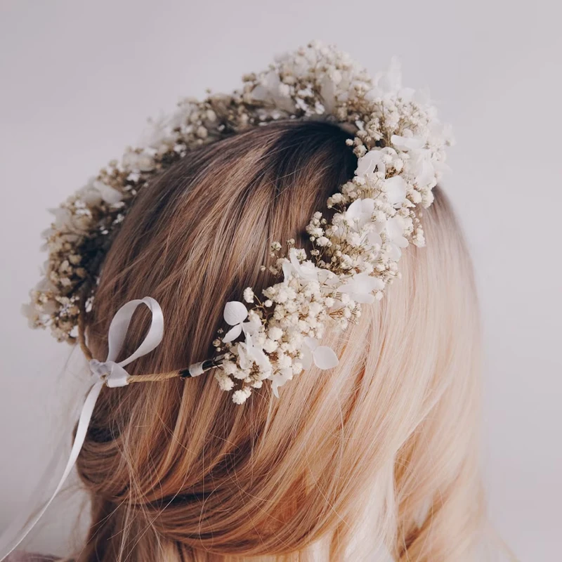 

Handmade Preserved White Gypsophila Hydrangea Bridal Boho Crown, Wedding Flower Girl Crown, Children's Birthday Decorations