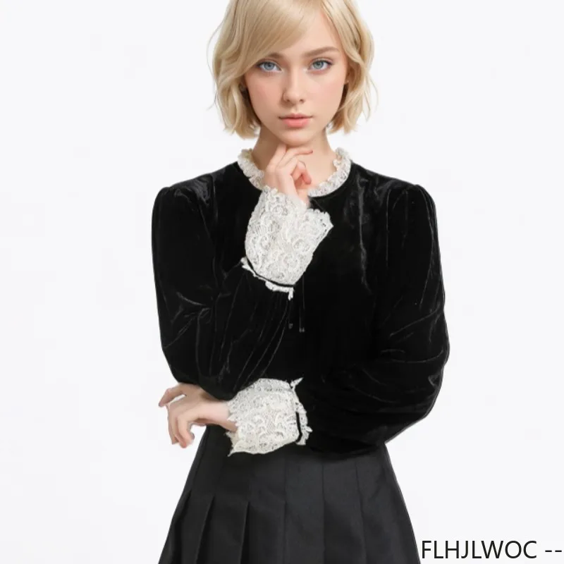 Black Velvet Women Autumn Winter 2024 New European Vintage Retro Long Sleeve Basic Shirts Girls Bow Tie White Lace Ruffles Tops