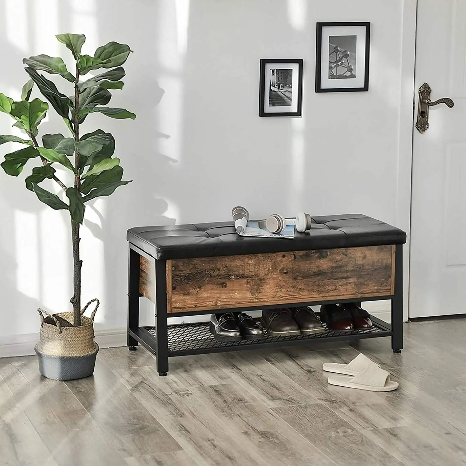 Living Room Entryway Industrial Wooden Storage Shoes Changing Bench Soft Padded Metal Frame Shoe Cabinet Racks