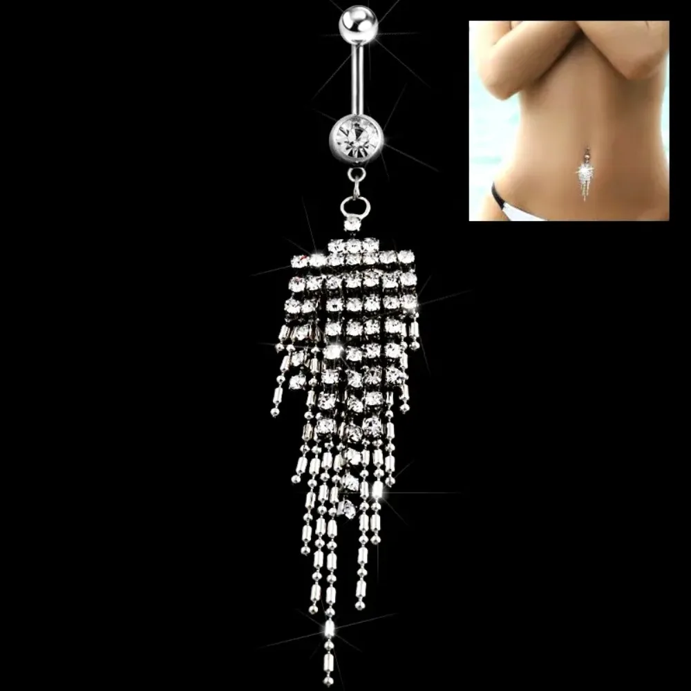 14g Rhinestone Long Tassel Dangle Steel Navel Belly Button Ring 10mm Bar Curved Barbell Body Piercing Jewellery