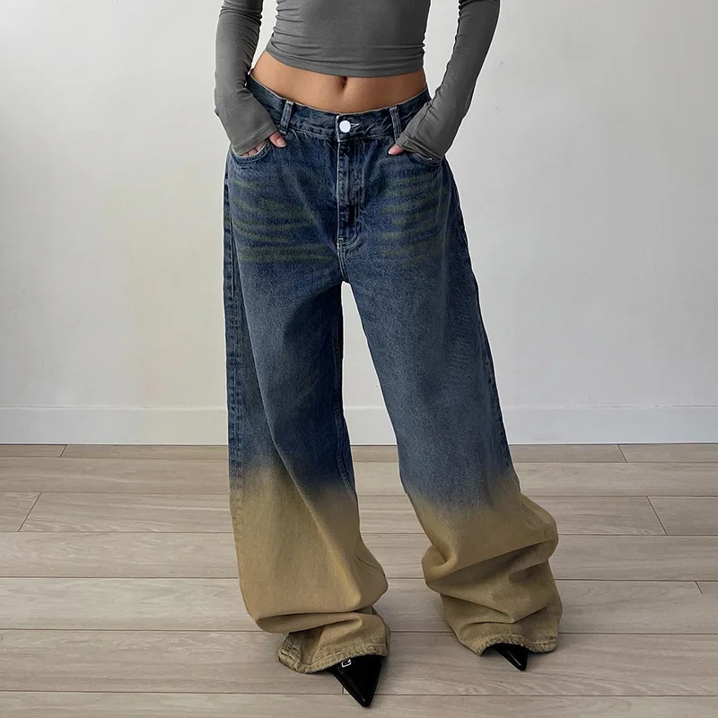 

Wash Gradient Jeans for Women American Streetwear 2024 Summer Personalized Fashion High Waist Loose Straight Leg Denim Pants