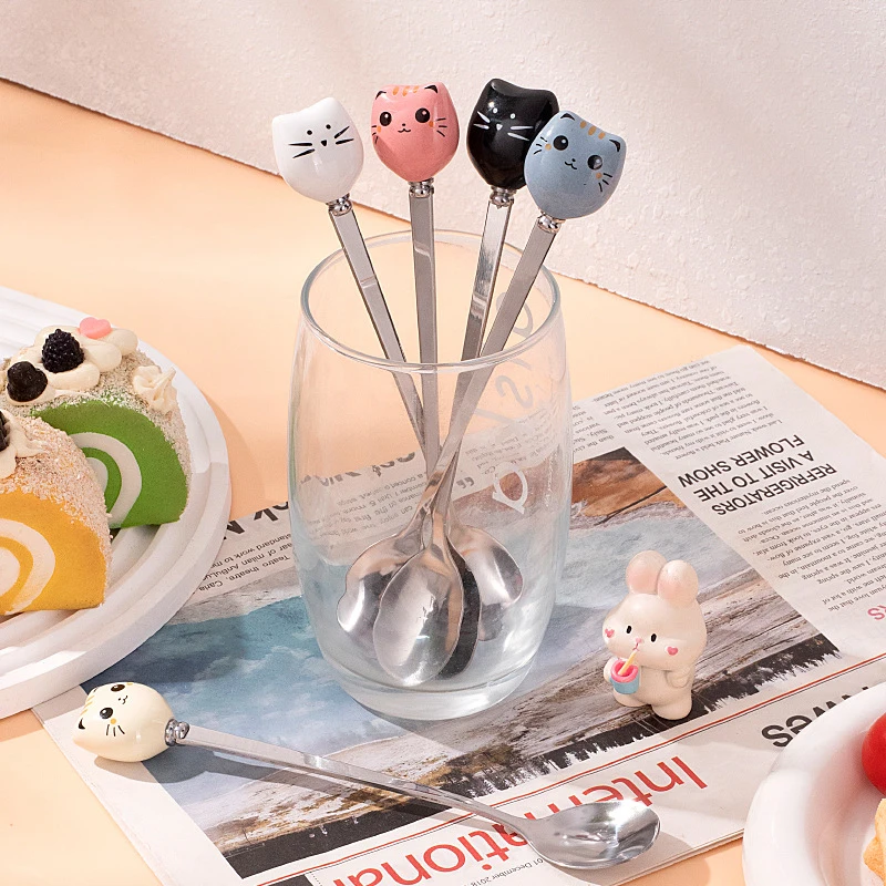 

Кофейные и десертные ложки, кухонные принадлежности, ложка для мороженого, мультяшная ложка для размешивания, безопасная для пищевых продуктов нержавеющая сталь, длинная ручка в форме кошки