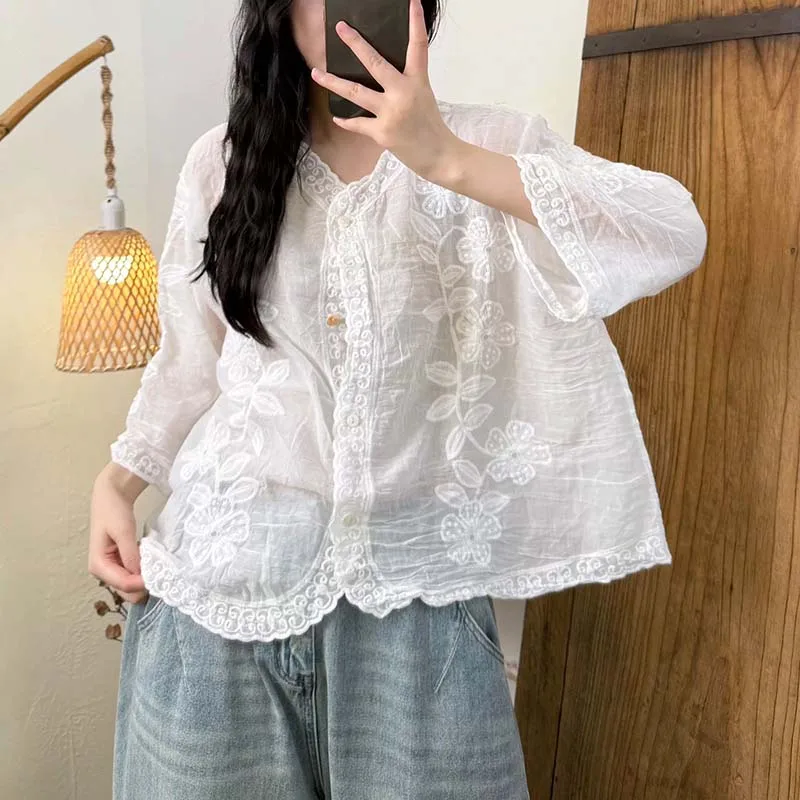 Women's Floral Embroidery Boho Style Shirt Blouse Holiday Beach Casual Loose Summer Cotton Lace Cardigan Vintage Blue Purple Top