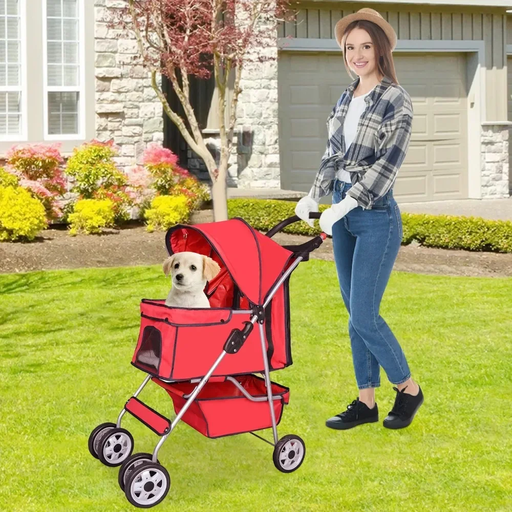 

Four-wheel Foldable Pet Stroller for Cats and Dogs, Pet Dog Stroller, with Storage Basket, 360° Front Wheel Handle, with Brakes.