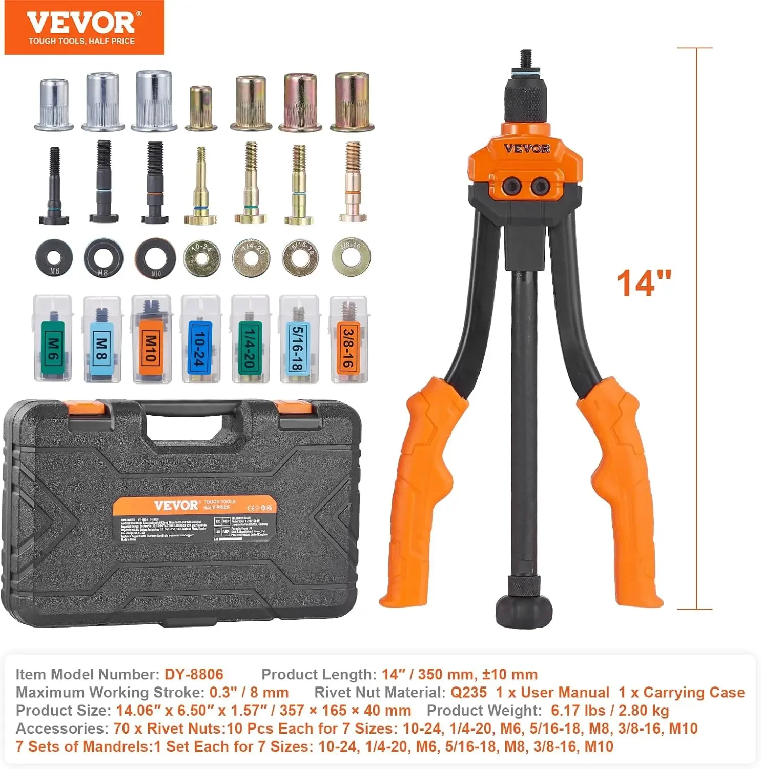 14” Rivnut Tool Kit with 7 PCS Metric and SAE Mandrels, 70 PCS Assorted Rivet Nuts, 10-24, 1/4-20, M6, 5/16-18, M8, 3/8-16, M10