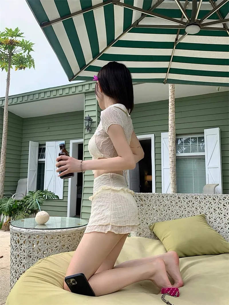 Falda cubierta de manga corta, Bikinis con cuello Halter, traje de baño femenino, traje de baño para mujer, conjunto de Bikini de 3 piezas, bañador, traje de baño