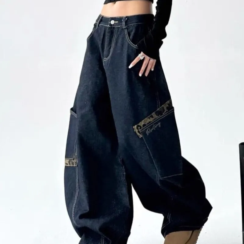 Large Pocket Machete Cargo Jeans Women's Winter New Loose High Street Mopping Casual Trousers Fashion