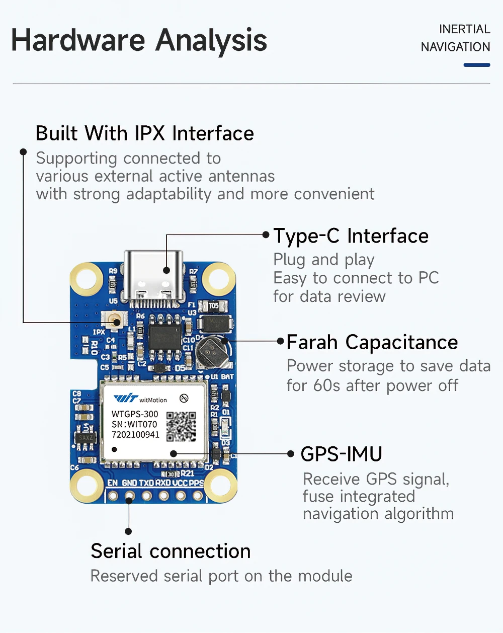 WitMotion WTGPS-300P Sub-meter INS Positioning Module, Ultra-Low Noise GPS-IMU Support GPS/GNSS/BDS/GLONASS BeiDou Receiver