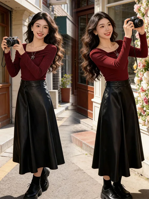 

Early Spring Fashionable PU Leather Skirt And Long Sleeve Top Women's Ensemble Elegant Versatile High Waist Midi Skirt