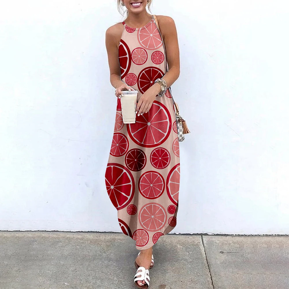 Women Maxi Dresses Lemon Printed Sleeveless Women Causal Summer Beach Dress SOJINM Sling Long Dresses Streetwear