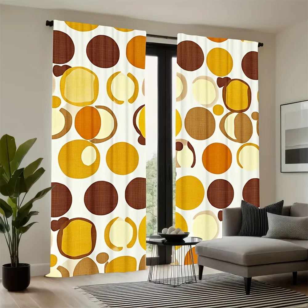 Retro Geometric Circle Curtains Vintage Orange Brown Dot Print Drapes for Living Room, Mid Century Modern Window Treatment Decor