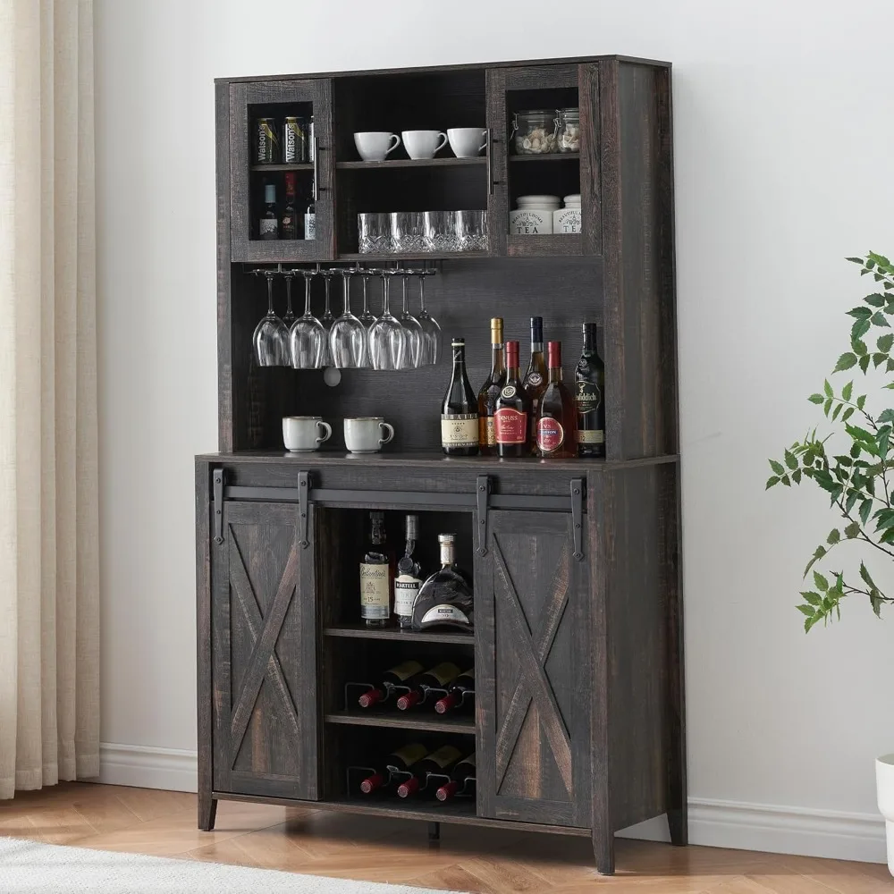 

Farmhouse Coffee Bar Cabinet with Sliding Barn Door, 70" Tall Buffet Cabinet with Storage Shelves, Liquor Cabinet with Wine