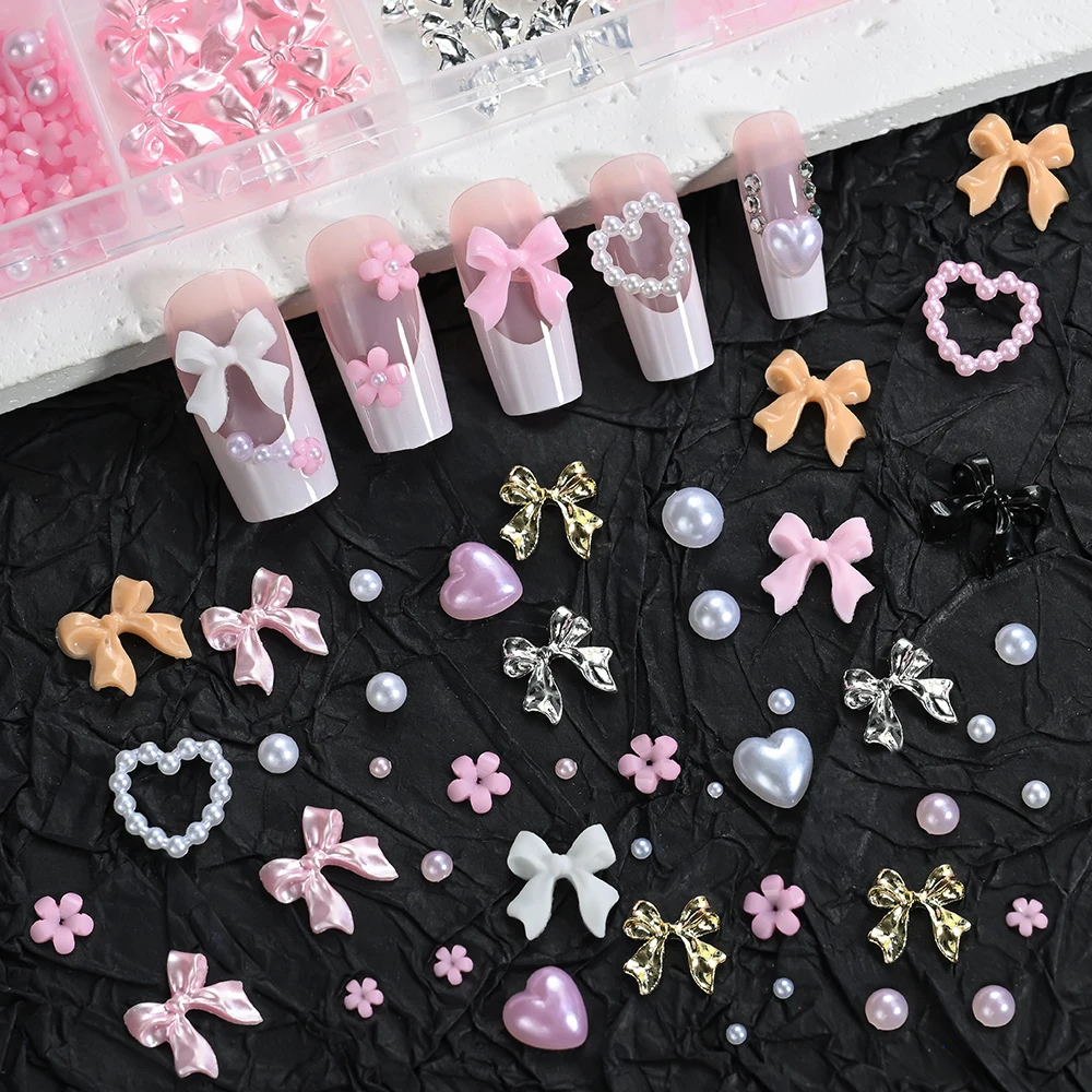 12Grids 3D Multi-Colors Ribbon Flower Nail Art Charms Simulated Perals Love,Metal Bowknot Nail Decoration DIY Manicure Accessory image 4