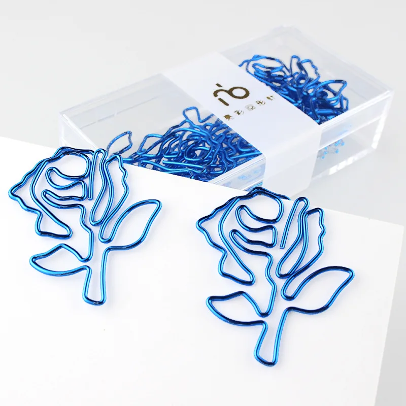 8pcs/box Creative Blue Rose Flower Shape Memo Clips Electroplated Metal Index Bookmark For Papers, Books