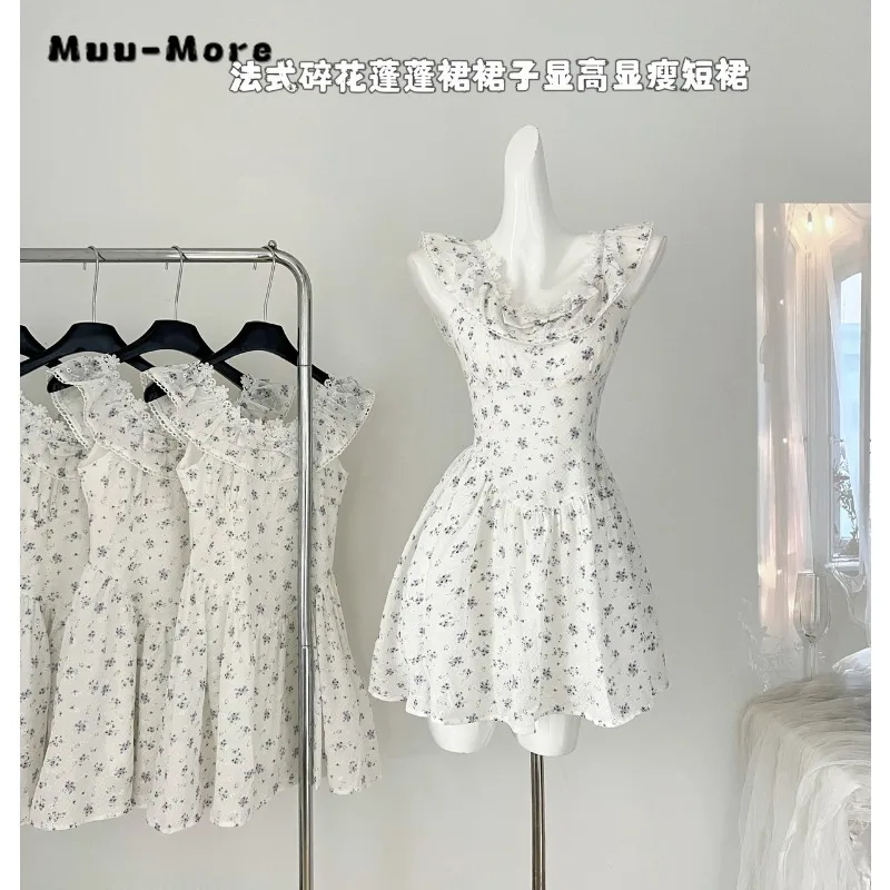 

Women Sweet Flying Sleeve Lace Round Neck Floral Print Sheath Dresses 2024 Summer Elegant Slim Fit Lolita Style Camisole Dress