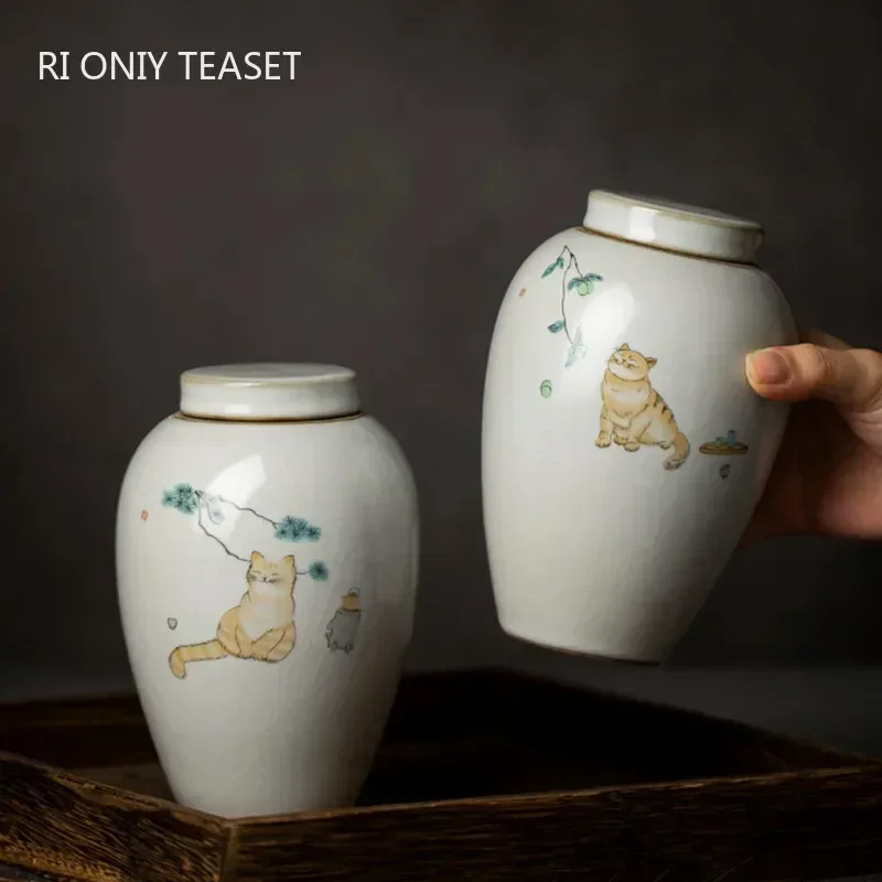 Retro Ru Kiln Ceramics Tea Caddy Cute Cat Pattern Portable Sealed Tea Leaf Containers Travel Tea Bag Storage Box Spice Organizer