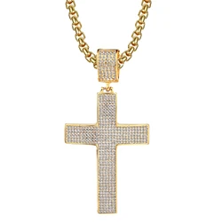 Stainless Steel Big Jesus Cross Pendant Male Gold Silver Color Iced Out Bling Christian Necklace for Men Religious Jewelry Gift