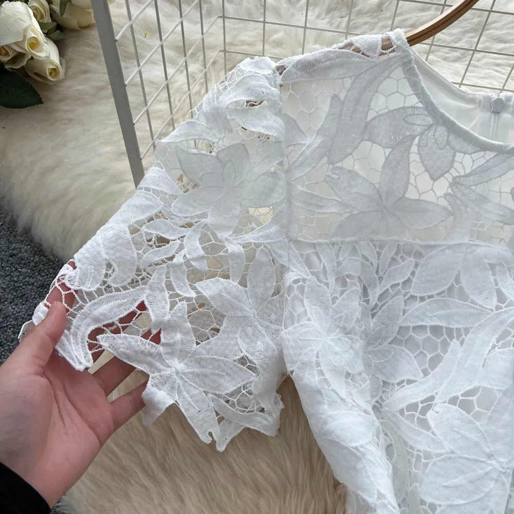 Chic Vintage Haken Blume hohl Kurzarm elegante Fee koreanische Mode Boho Kleid Frauen Kleidung Kleid