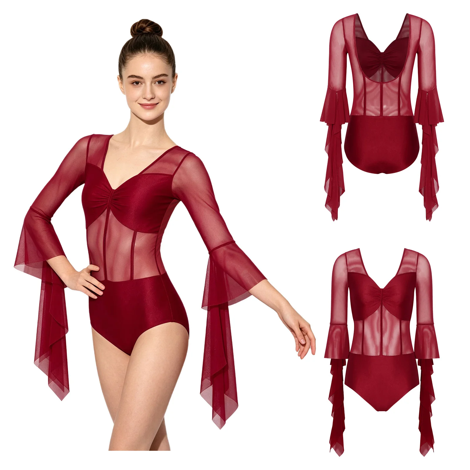 Women Ballet Gymnastics Skating Acrobatics Leotard Long Sleeve Ruched Front V-neck Backless Sheer Mesh Latin Dance Bodysuit