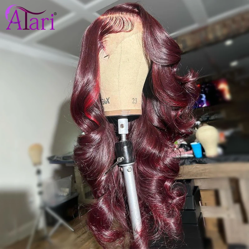 13x6 Dark Burgundy with Red Stripe Body Wave Human Hair Wigs Transparent 13x4 Lace Frontal Wig Pre Plucked 5x5 Closure Lace Wig