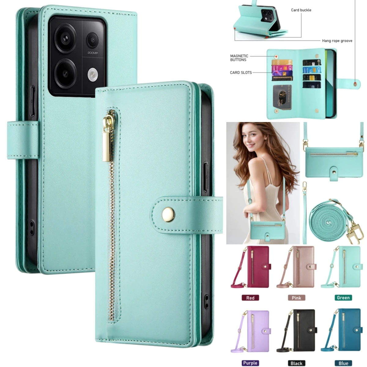 Crossbody  Leather Case For Xiaomi Redmi Note 14 13 12 Pro Plus 14C 13C A3 Zipper Lanyard Bag Cards Solt Wallet Pocket Cover