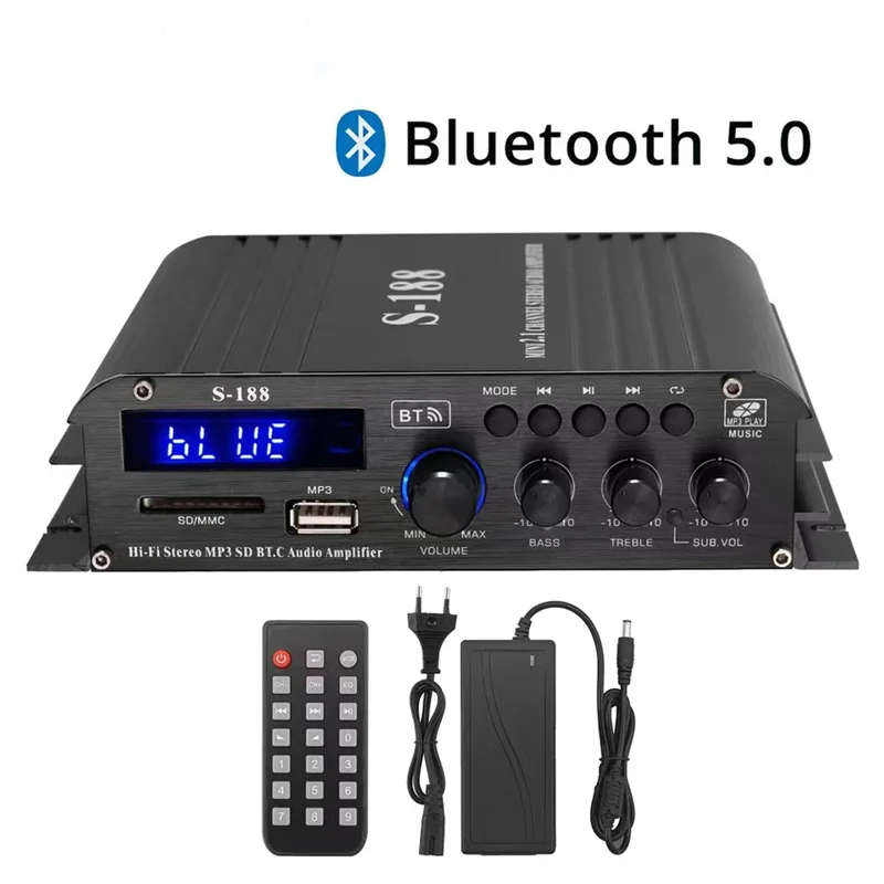 

S-188 Home Digital Amplifier Bluetooth Audio Power Amplifier Hifi USB FM Sound Amplifier 2.1 Channel Subwoofer Car Amplifier