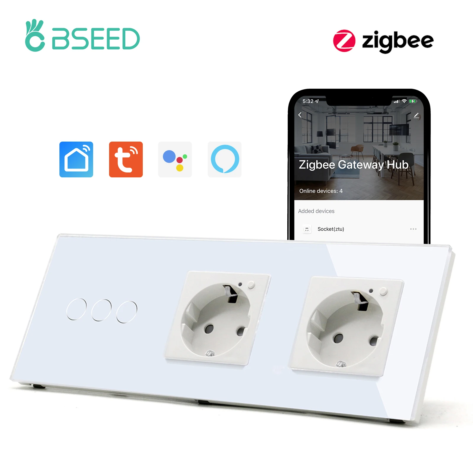 BSEED 1/2/3Gang Zigbee Touch Schalter Wand Licht Schalter Mit Smart EU Buchse Unterstützung Google Alexa tuya Steuerung Keine Neutrale Linie