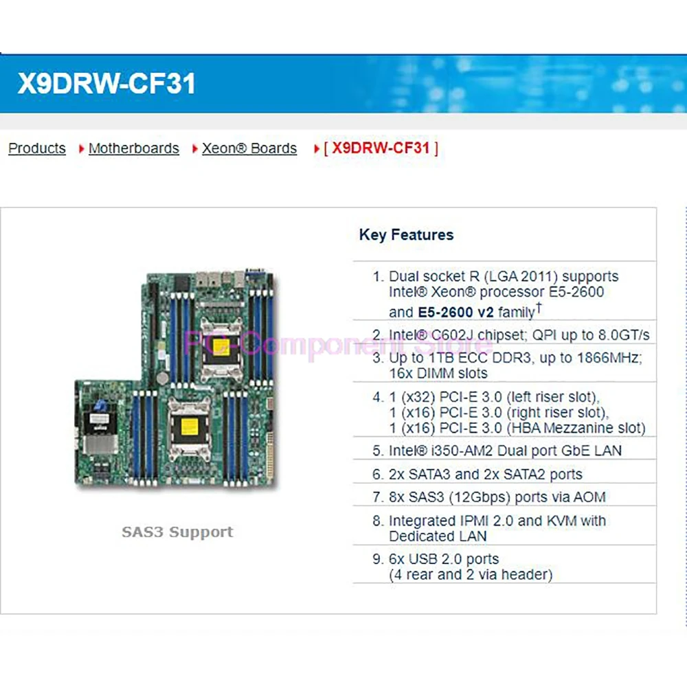 X9DRW-CF31 For Supermicro Server Motherboard  Xeon E5-2600 V1/V2 Family LGA2011 DDR3 8x SAS3 (12Gbps) Ports via AOM