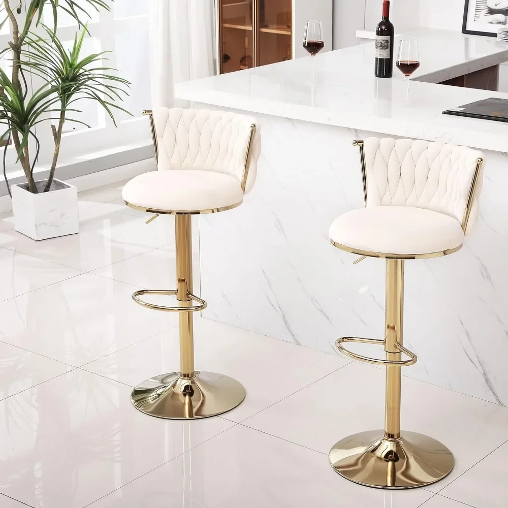 Stools Set of 2,360° Swivel Woven Modern Gold Bar Stools,Adjustable Height Barstools with Backs Gold Metal