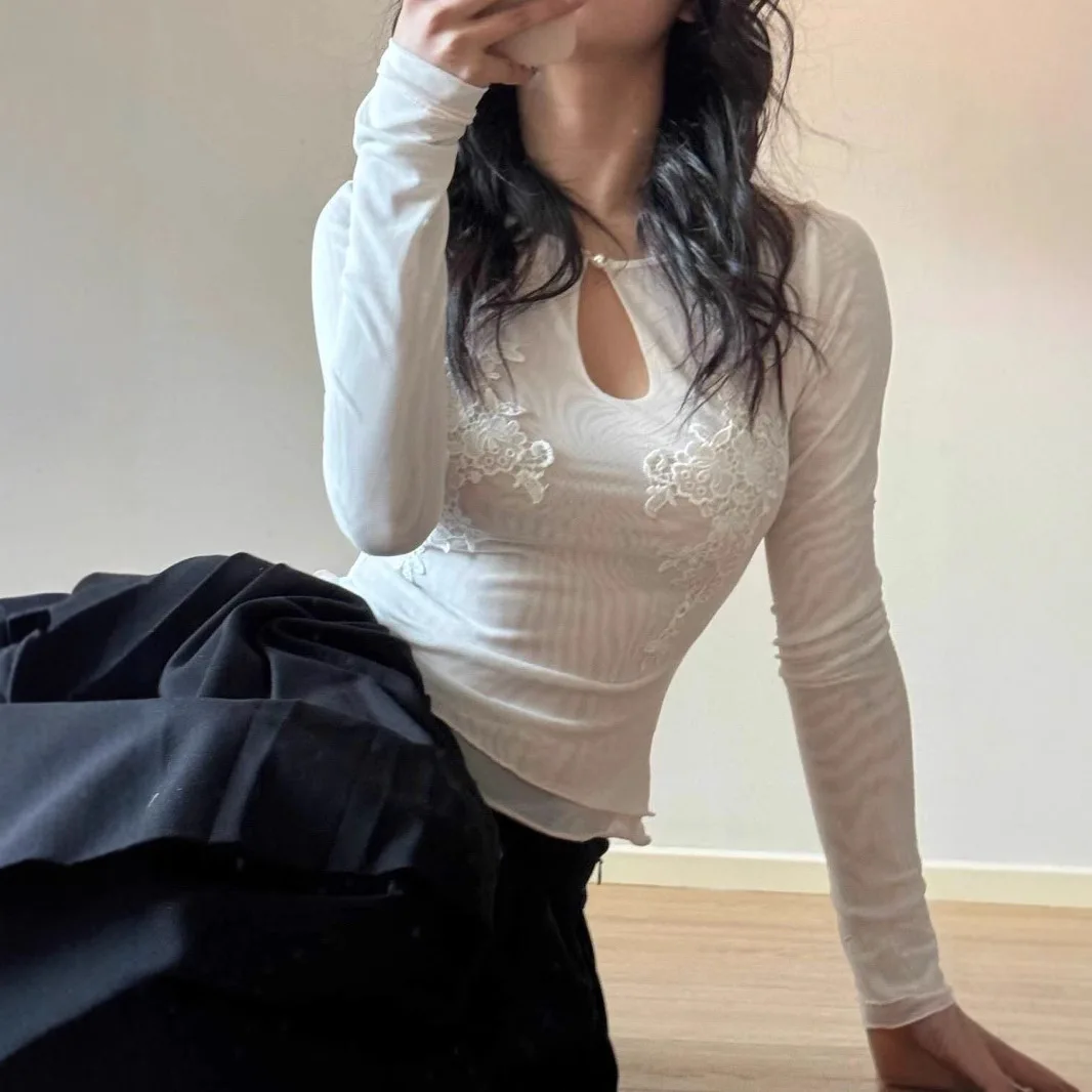 

2026 Summer Design Sense Mesh Embroidery Hot Girl Tucks in The Body To Show Off The Slim Long-sleeved Top